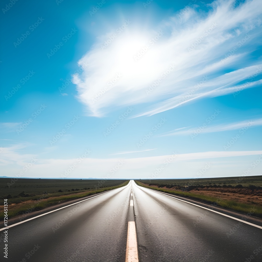 Naklejka premium Sunlit Straight Road Stretching into Horizon Under Clear Sky with Reflective Surface