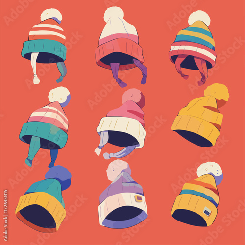 Nine vibrant winter hats are displayed with small characters peeking from inside. Each hat shows unique colors and patterns, creating a fun, whimsical scene.