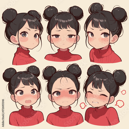 A young girl with stylish hair buns wears a red sweater. She displays various emotions including happiness, anger, sadness, and confusion in different poses.