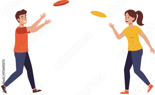 A happy young couple playing frisbee outdoors, enjoying a fun and active day together at the park.