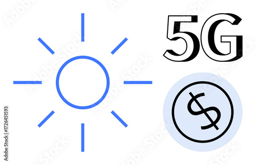 Sun icon, bold 5G text, dollar symbol in a circle. Ideal for technology, energy, finance, modern communication, innovation sustainability digital economy. Simple flat metaphor