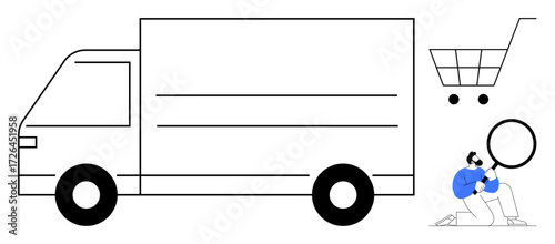 Delivery truck and shopping cart illustration as man inspects with magnifying glass. Ideal for logistics, e-commerce, delivery, supply chain, online shopping, quality control, and shipping. Simple
