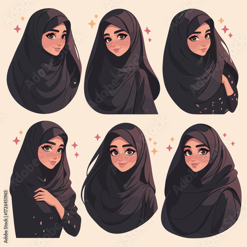 This artwork features a young woman in a black hijab, showcasing six distinct facial expressions.