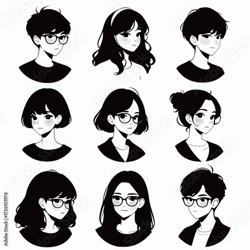 Nine unique character designs are displayed, featuring different hairstyles and expressions. Each character shows a distinct personality through style and glasses.