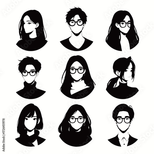A creative arrangement features nine young adults with glasses, showcasing various hairstyles and expressions. The display emphasizes diversity in style and personality.