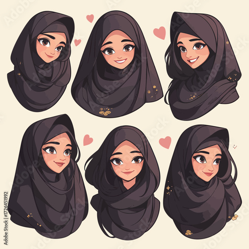 A cheerful girl wearing a hijab displays different expressions, each one conveying happiness and warmth. Soft hearts surround her, enhancing the joyful theme.
