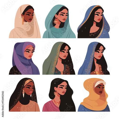 A vibrant display of women wearing various traditional outfits, each representing different cultures. The varying headscarves and jewelry highlight their unique identities.