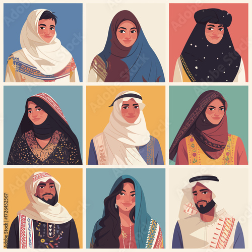 Nine individuals wear traditional clothing that represents different cultures and regions. Each person has a unique style, highlighting the beauty of cultural diversity.
