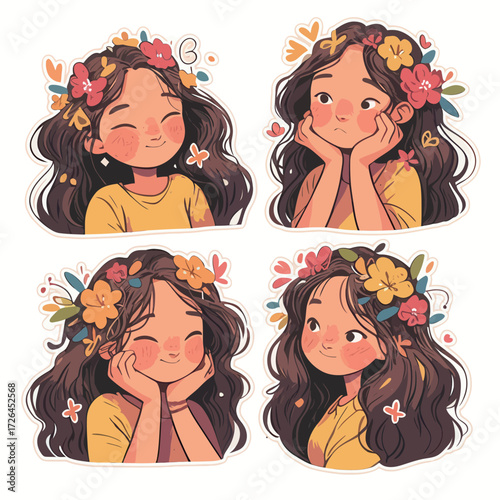 A girl with long wavy hair and floral accessories shows various emotions. She smiles, daydreams, and displays joy and surprise against a colorful background.
