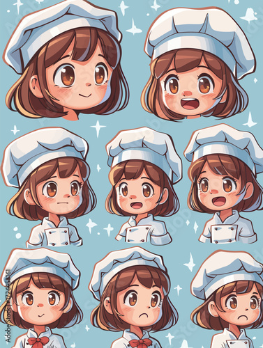 A cheerful cartoon chef character shows various emotions including happiness, surprise, and sadness.