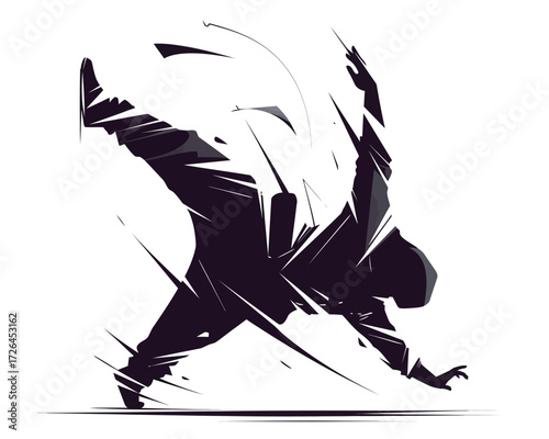 A dancer executes a powerful breakdance move, showcasing skill and agility. The image captures movement and energy, highlighting the art of street performance.