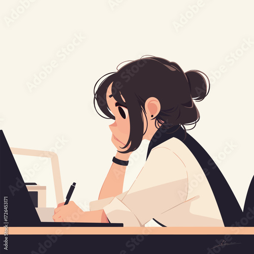A young woman sits at her desk, holding her chin in thought as she writes in a notebook. The workspace is organized, and natural light fills the room, creating a calm atmosphere.