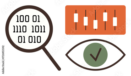 Magnifying glass over binary code, candlestick chart, and an eye with a checkmark. Ideal for data science, analytics, quality assurance, stock trading, accuracy, cybersecurity simple flat metaphor