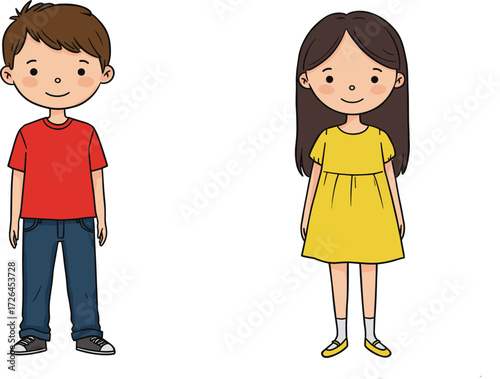 A friendly, full-length illustration of a cute young boy and girl standing, cartoon character set.