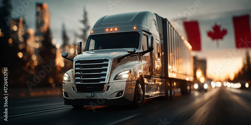 Big rig truck driving on highway with Canadian flag in the background during sunset