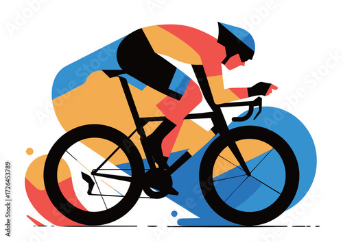A cyclist wearing a vibrant outfit pedals fast on a road bike against a bright, abstract background. Motion and energy are captured in this dynamic scene from a race.