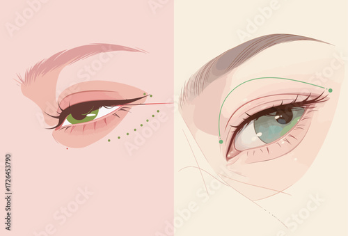 Two distinct eye makeup styles are depicted side by side, highlighting creative use of colors and shapes.