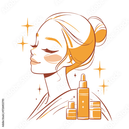 A woman with a calm expression enjoys her skincare routine surrounded by various beauty products. The warm color palette creates a soothing atmosphere.
