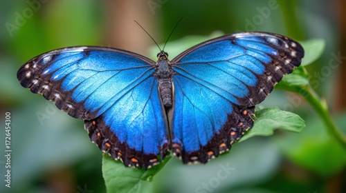blue morpho butterfly close up, iridescent blue wings, tropical forest background, realistic macro style
