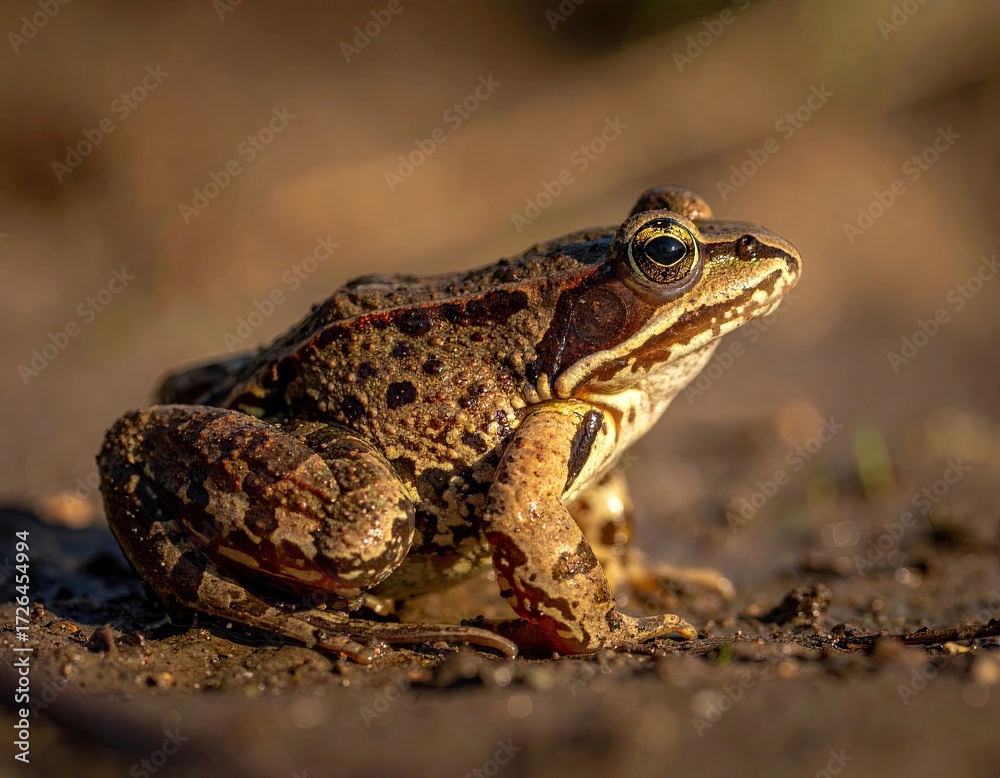Fototapeta premium Brown Frog on Damp Ground in Soft Sunlight