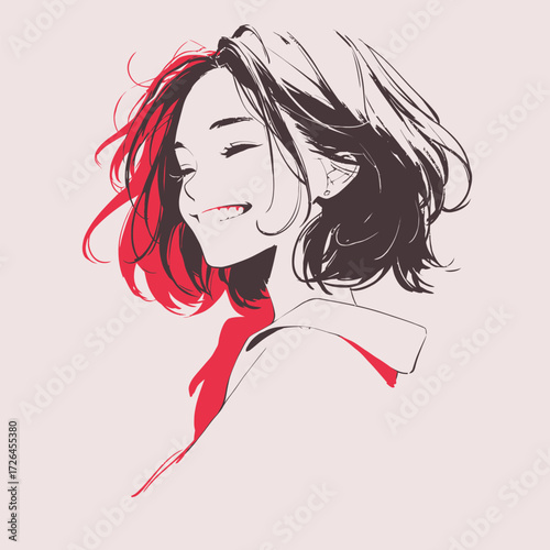 A young woman is smiling with joy, her short hair slightly tousled. She wears a casual shirt and radiates happiness against a light backdrop.
