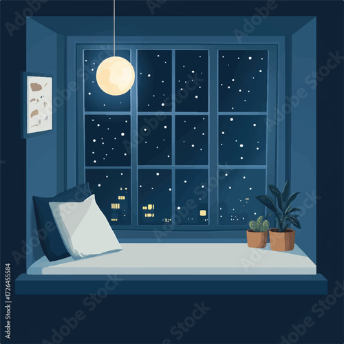 Cozy Window Seat at Night with City View and Hanging Lamp
