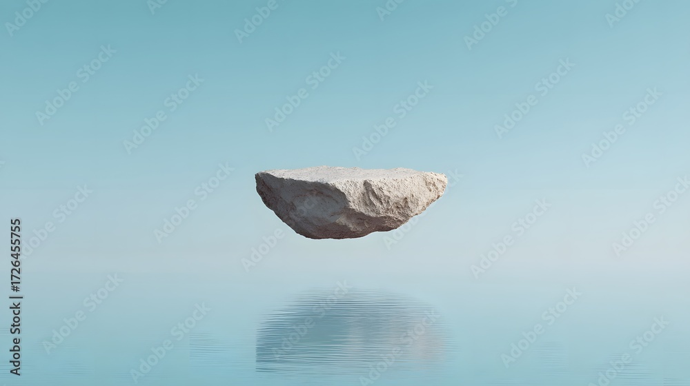 Naklejka premium minimalist floating rock island suspended above a calm reflective ocean