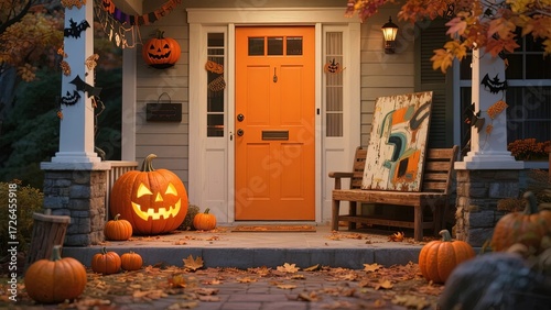 A front porch decorated for Halloween with pumpkins, jack-o'-lanterns, and autumn leaves on a house with an orange door.