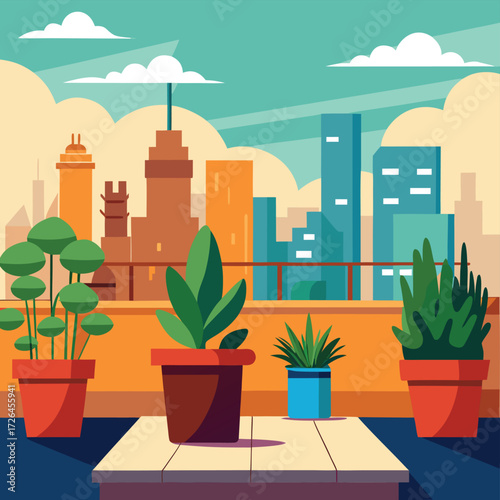 city rooftop garden with skyline view and potted p.eps