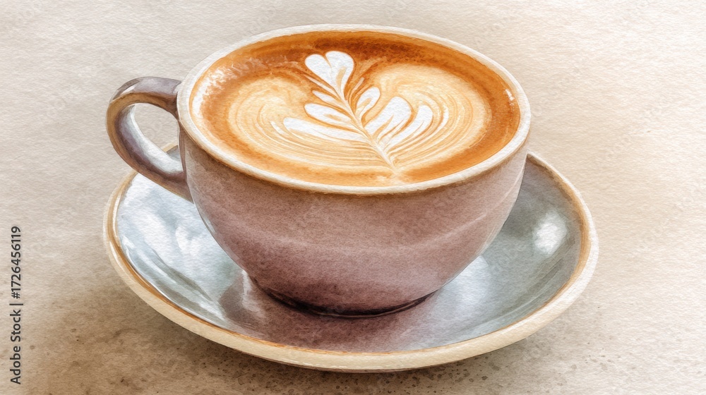 Fototapeta premium cup of cappuccino close up, watercolor style, frothy milk foam with latte art, rustic ceramic cup, soft warm tones