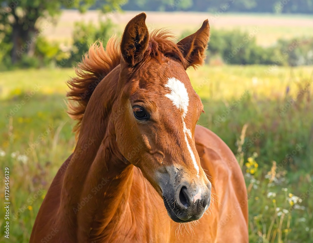 Fototapeta premium Young Chestnut Foal in a Vibrant Meadow