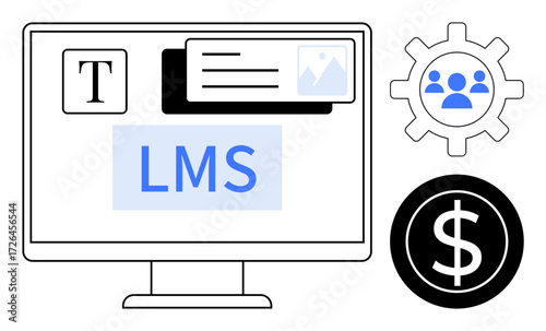 Computer screen with LMS text, templates, user settings gear, team icon, and dollar sign highlights online education management. Ideal for e-learning, training, user engagement, content creation