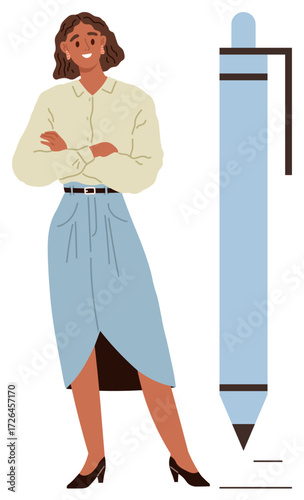 Confident woman in blouse and skirt standing next to oversized pen representing creativity, professionalism, and ambition. Ideal for business, education, leadership, writing, self-expression