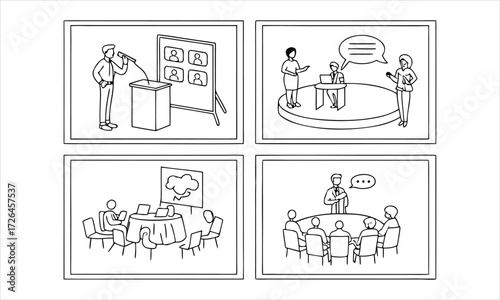 Business meeting scenarios and presentations in four panels
