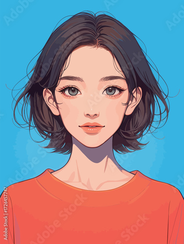 A young woman with short, dark hair is smiling gently while wearing a plain orange shirt. The bright blue background adds a cheerful ambiance to the scene.