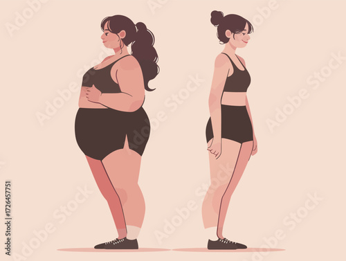 Two women stand side by side, one representing a curvy figure and the other a slimmer physique, both in athletic attire. This illustration highlights body positivity.