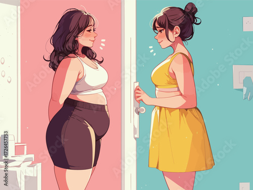 Two women stand in a colorful room, one dressed in workout attire and the other in a bright yellow dress, reflecting on their transformations and choices.