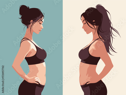 Two side profiles show a woman in activewear standing confidently. The left side illustrates a relaxed posture, while the right side emphasizes a toned silhouette.