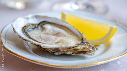 french oyster close up, raw oyster on half shell, lemon wedge, elegant plate, fine dining style