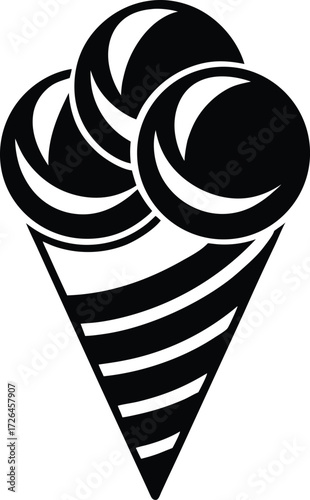 Stylized black and white illustration of a triple scoop ice cream cone