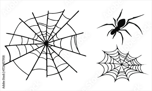 Black silhouette spider and cobwebs on white background