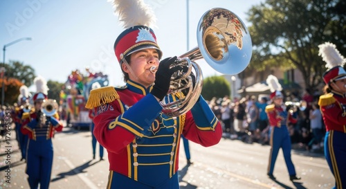 A marching band member playing a trumpet in a parade.
