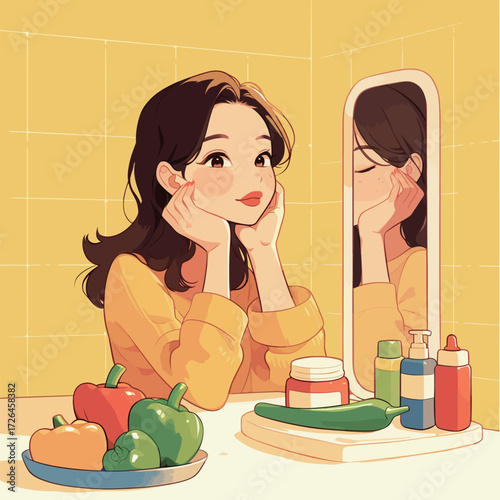 A woman in a cozy yellow sweater looks thoughtfully into a mirror while touching her face. A variety of colorful vegetables and skincare items are nearby.