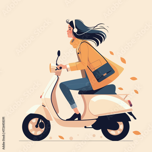 A woman rides a scooter with a confident expression, her hair blowing in the wind. She wears a bright yellow coat and jeans, embodying carefree spirit in autumn.