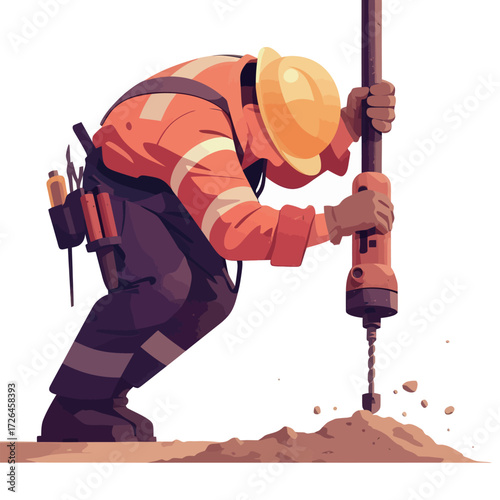 A construction worker in an orange vest and hard hat is drilling into the ground at a worksite. The scene shows a clear sky, emphasizing the hard work and focus of the task.