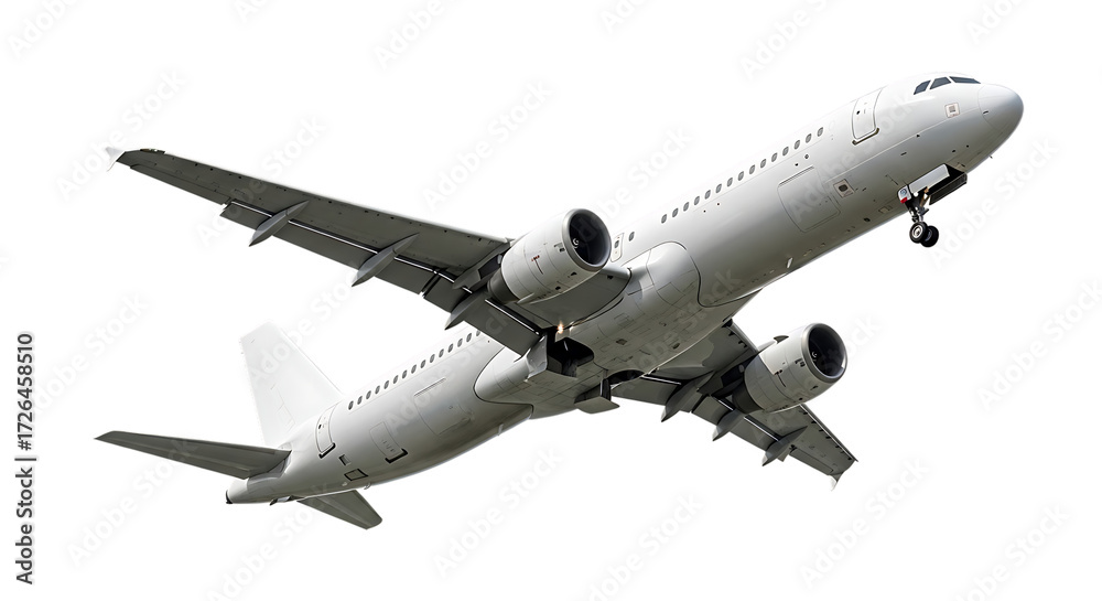 Obraz premium White Passenger Airplane Ascending Against Black Background