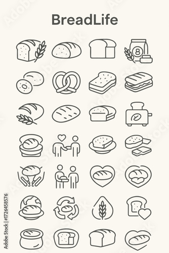 Vector icon collection illustrating bread types, baking essentials, and food-related concepts. A set of simple line symbols for bakery and nutrition