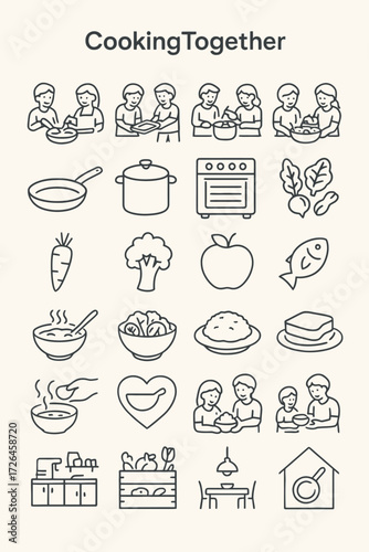 Line art icon set illustrating the complete culinary process, from fresh ingredients and kitchen tools to meal preparation and enjoying food together