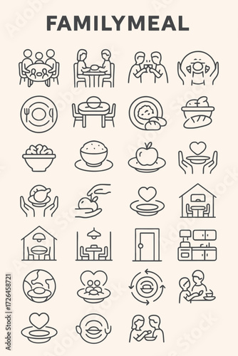 A comprehensive set of minimalist line icons illustrating the concepts of family meals, togetherness, home dining, and sharing food with love
