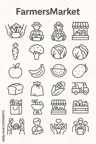 A comprehensive line icon set representing the farmers market concept, including fresh produce, local agriculture, vendors, and community shopping
